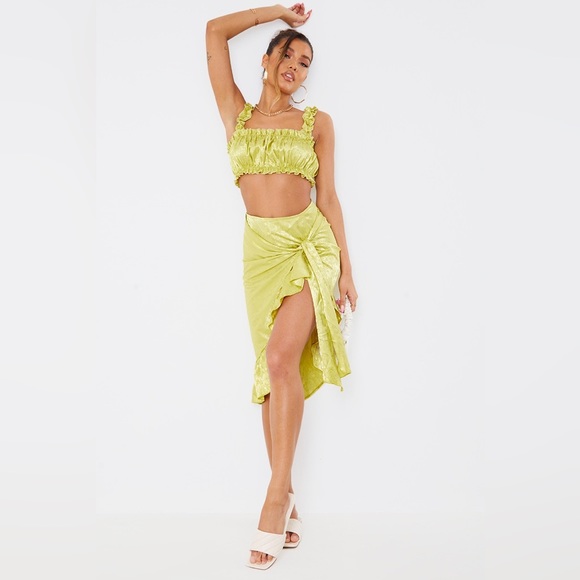 PrettyLittleThing Dresses & Skirts - PRETTY LITTLE THING Lime Green Satin Frill Hem Crop Top & Tie Waist Wrap Skirt